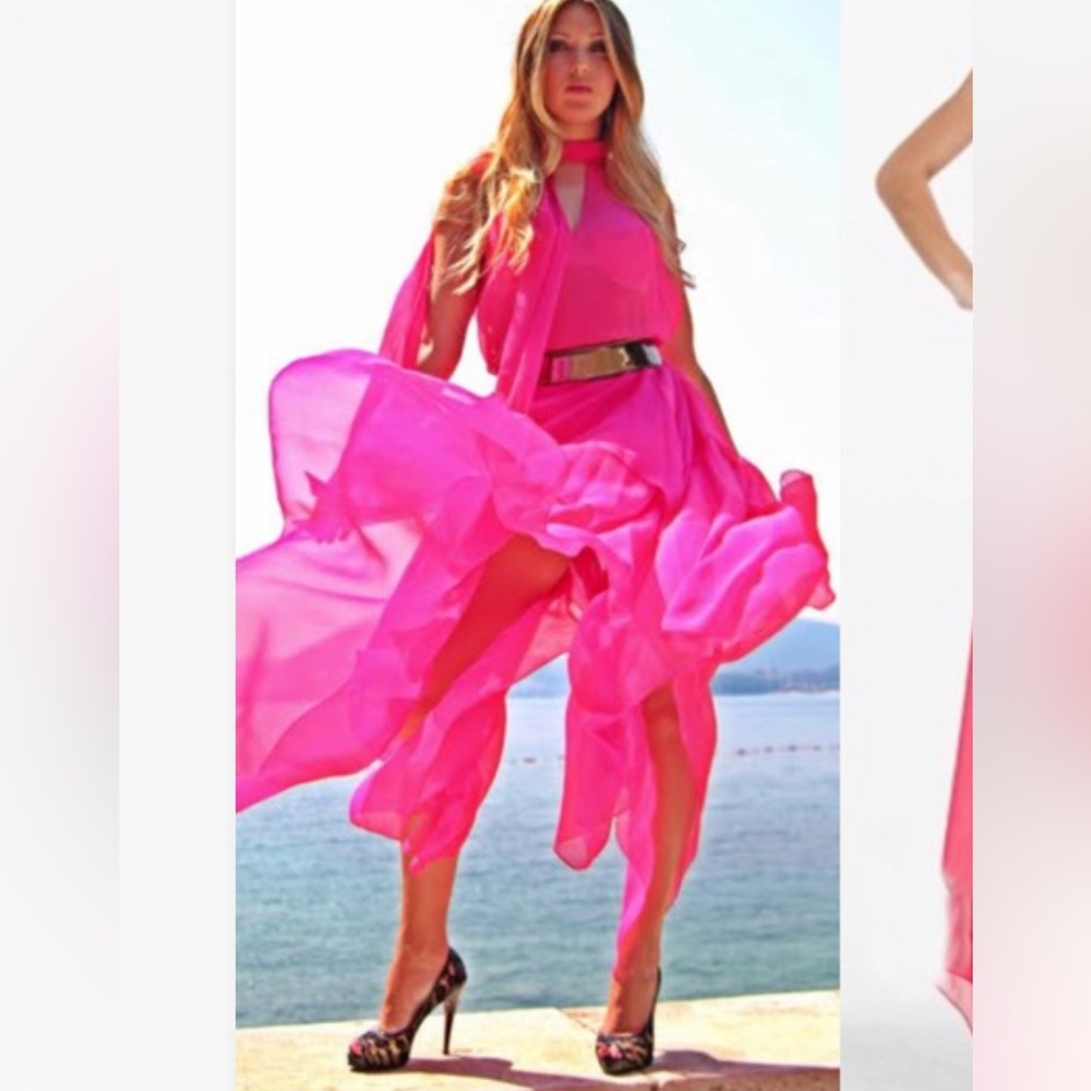 BCBG Basha Begonia Barbie Pink Bow Tie Long Silk Sheer Chiffon Tiered Maxi Dress